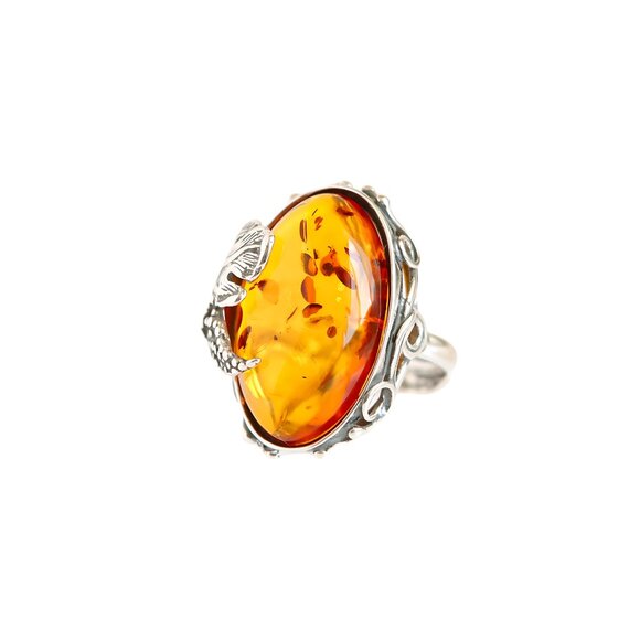 Baltic Cognac Amber Grape Leaf Statement Ring in 925 Sterling Silver - Picture 4 of 7